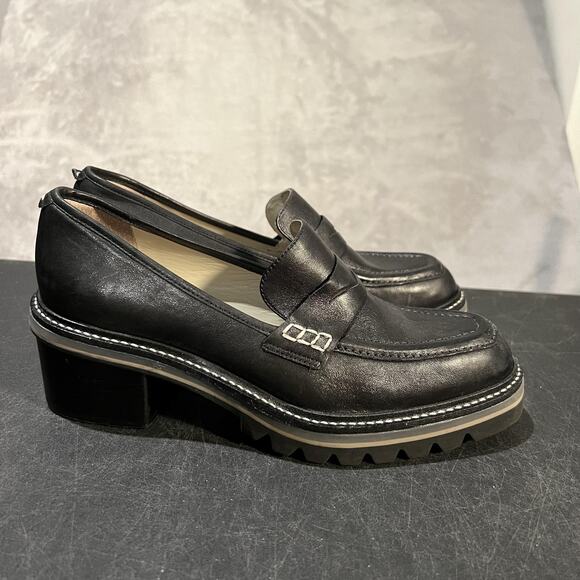 Bernardo Shoes - Bernardo Selma Shoes Womens 8.5 Black Leather Lug Sole Block Heel Loafers Penny